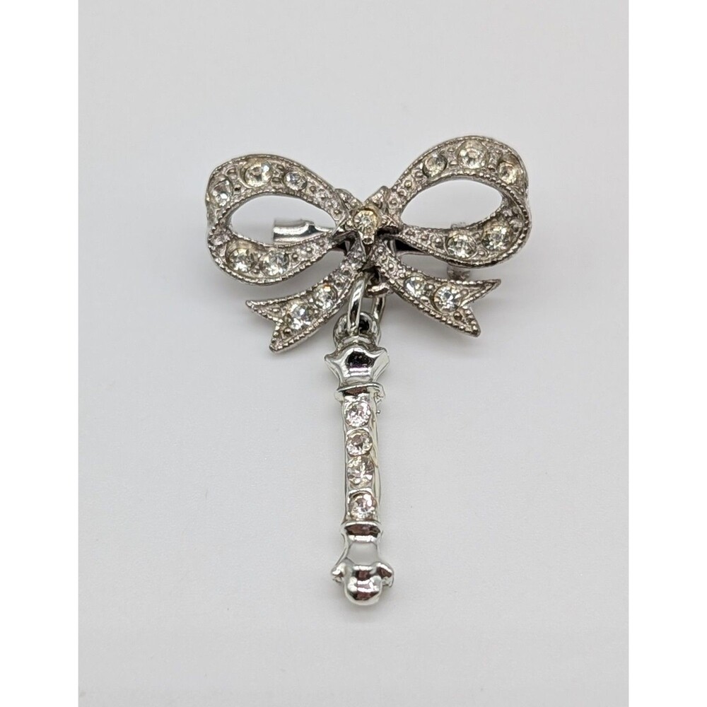 Vtg Ora Silver Tone Bow Rhinestone Dangler Brooch Pin
